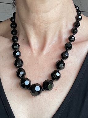 Vintage CAROLEE Black Glass Bead Statement Necklace Graduated Strand 18"